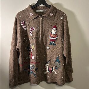 Festive Christmas Brown Sweater with Holiday Motifs